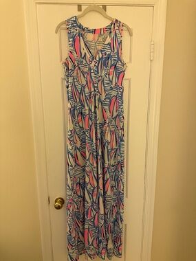 Lilly Pulitzer XS Sleeveless V-Neck Maxi Dress in Blue, Pink & White